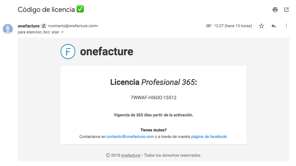 Email código onefacture cfdi