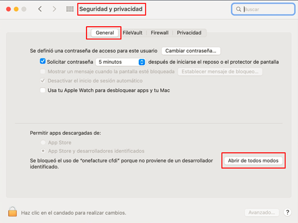 Opción seguridad de Mac