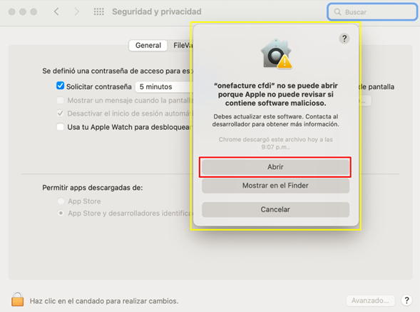 Opción seguridad de Mac