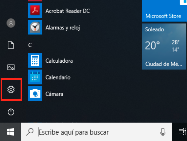 Opción de configuración en el menú de windows