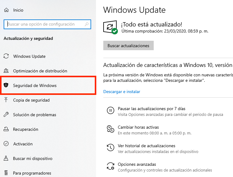 Opción seguridad de windows