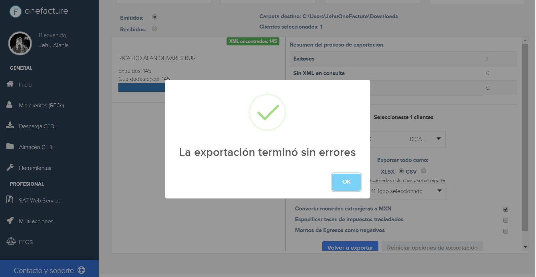 Captura módulo Multi-descarga - Mensaje de éxito
