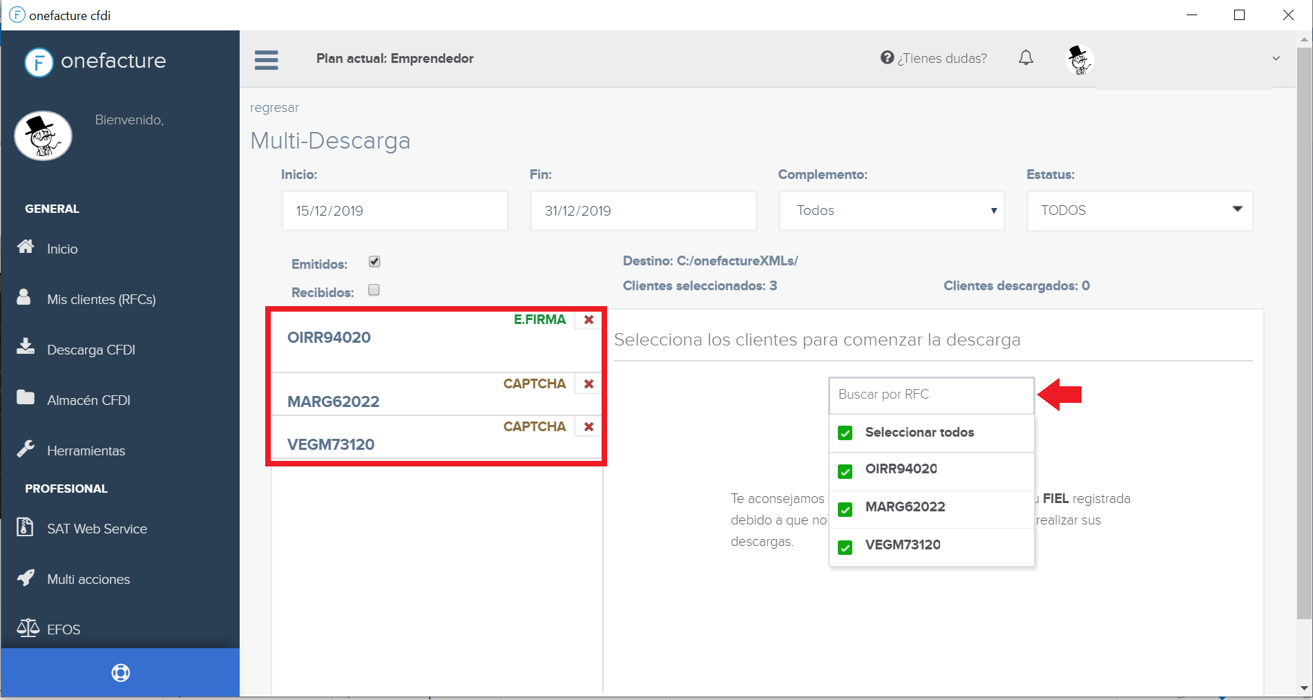 Captura módulo Multi-descarga - Selección de clientes