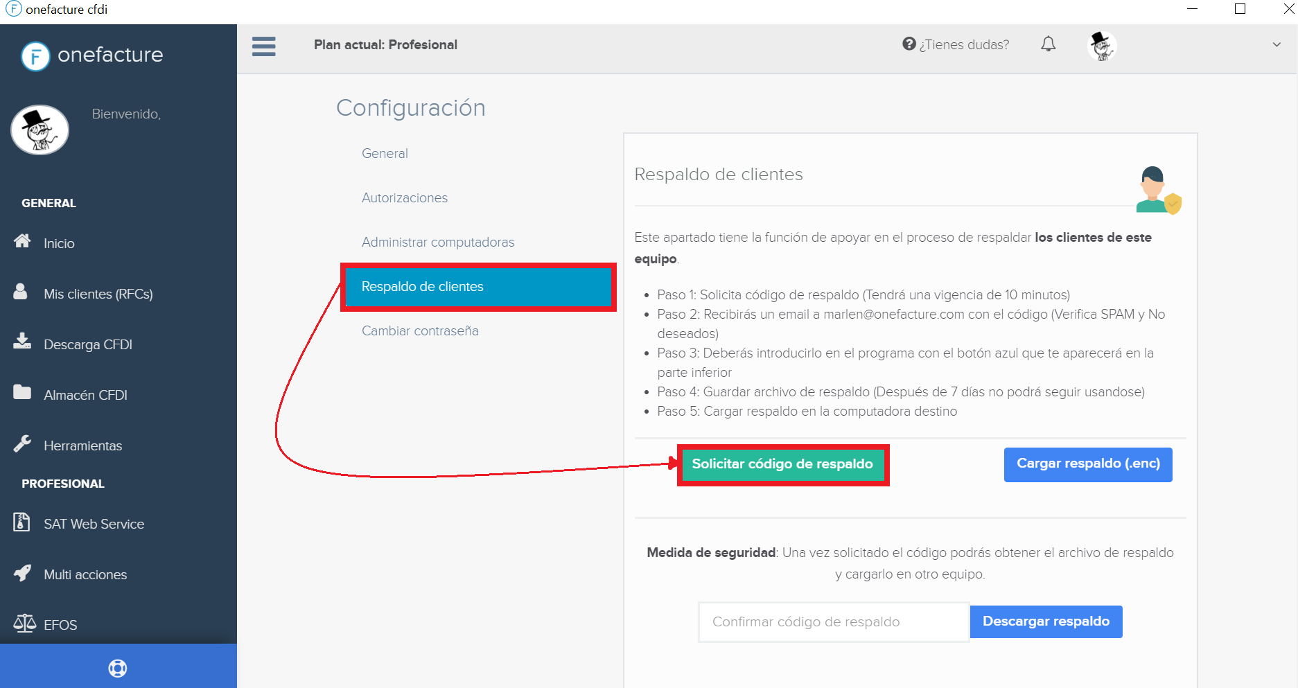 Apartado de respaldo de clientes en configuración