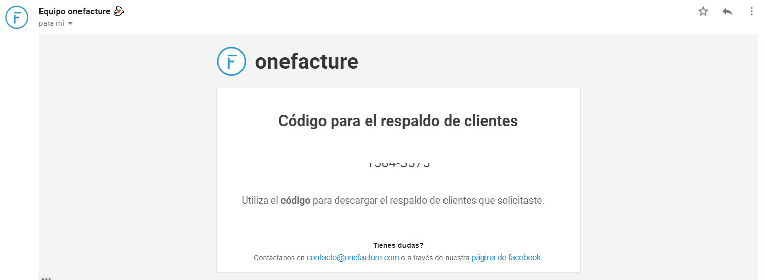 Correo con código de respaldo de clientes