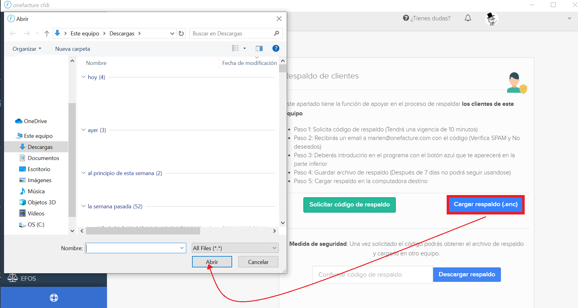 Ventana para seleccionar archivo de respaldo