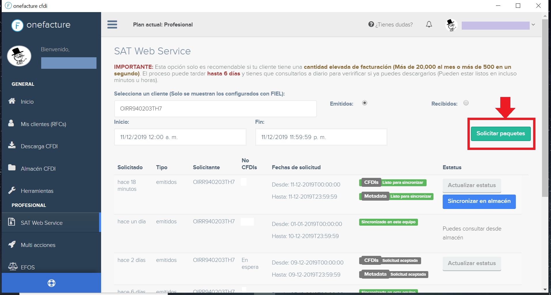 Botón de solicitar paquete en SAT Web Service