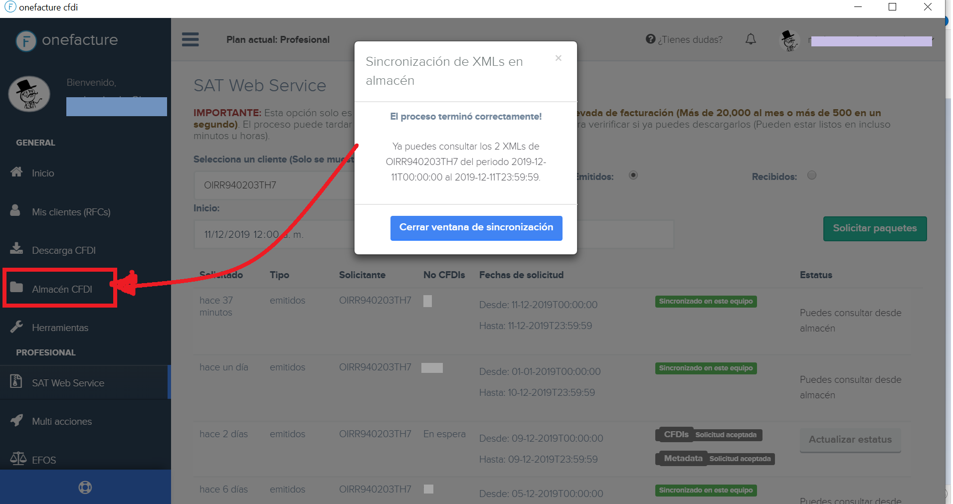 Captura del proceso de sincronización terminado en SAT Web Service