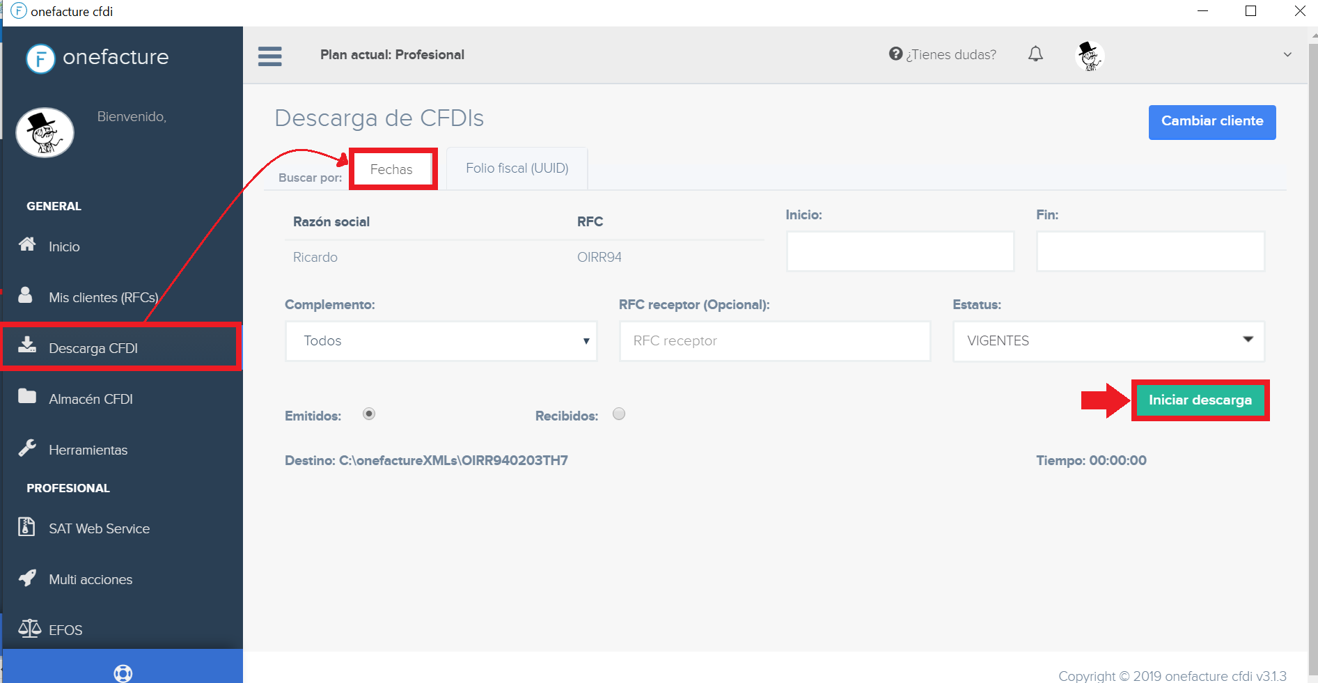 Captura formulario de descarga por fecha - módulo descarga