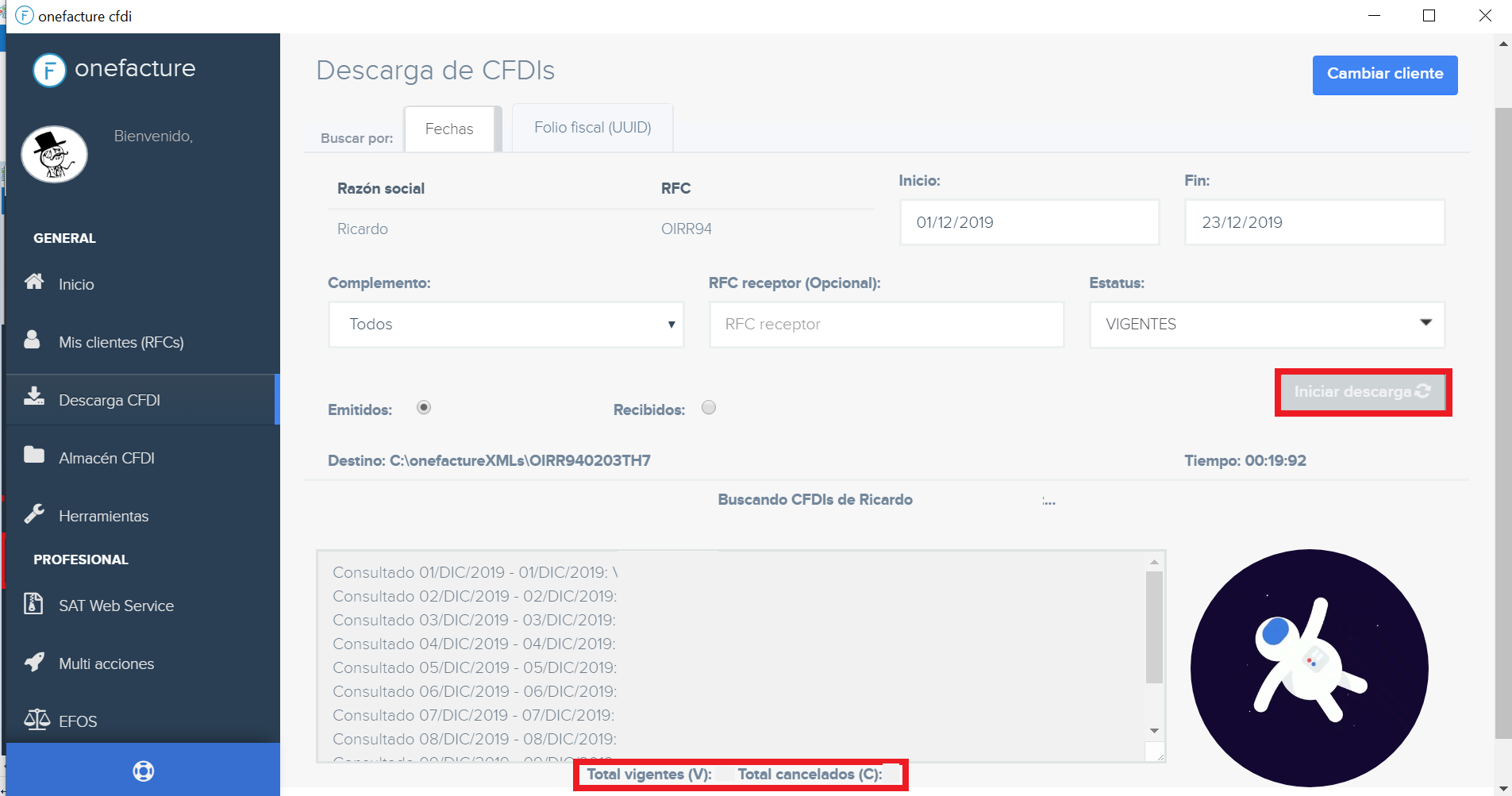 Captura proceso descarga por fecha - módulo descarga