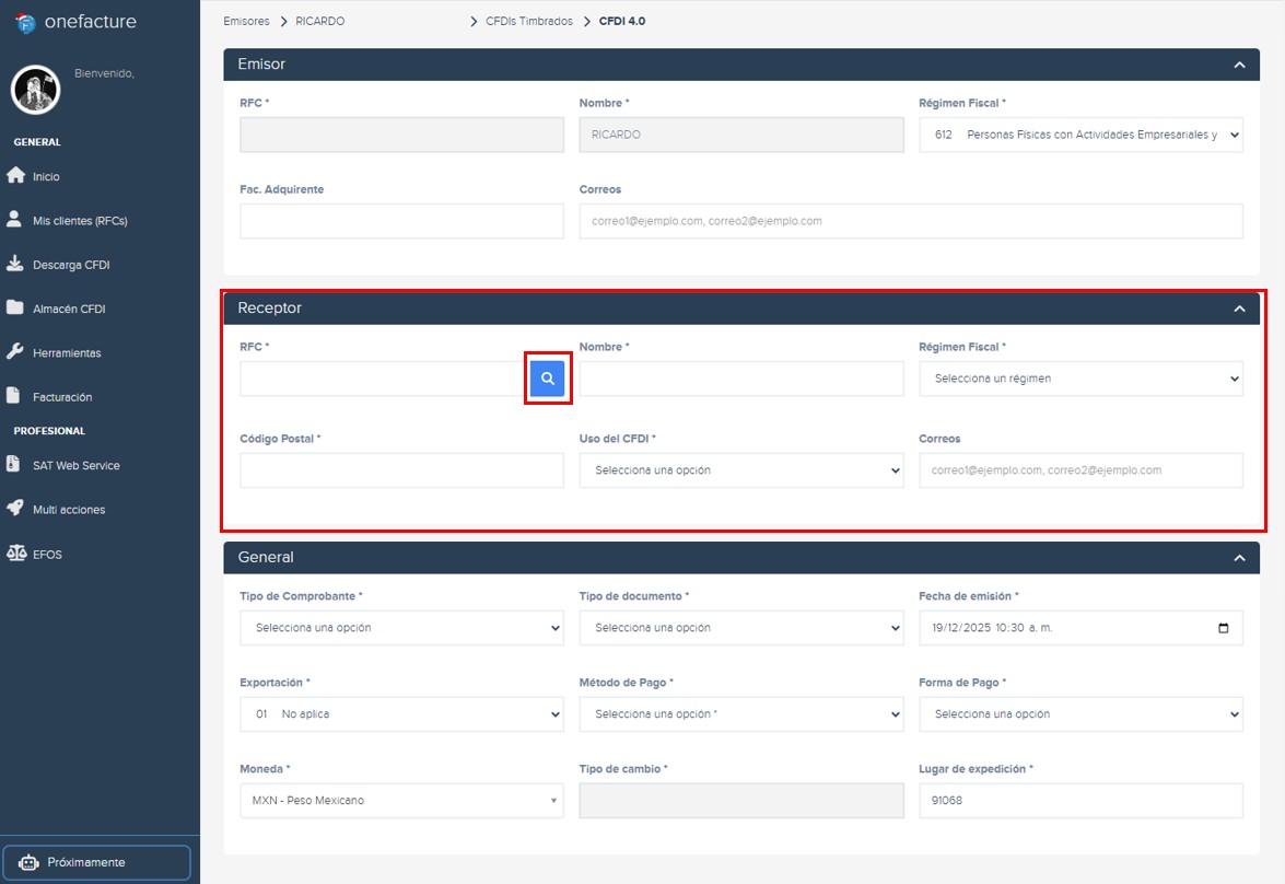 Captura módulo descarga xml - selección de cliente