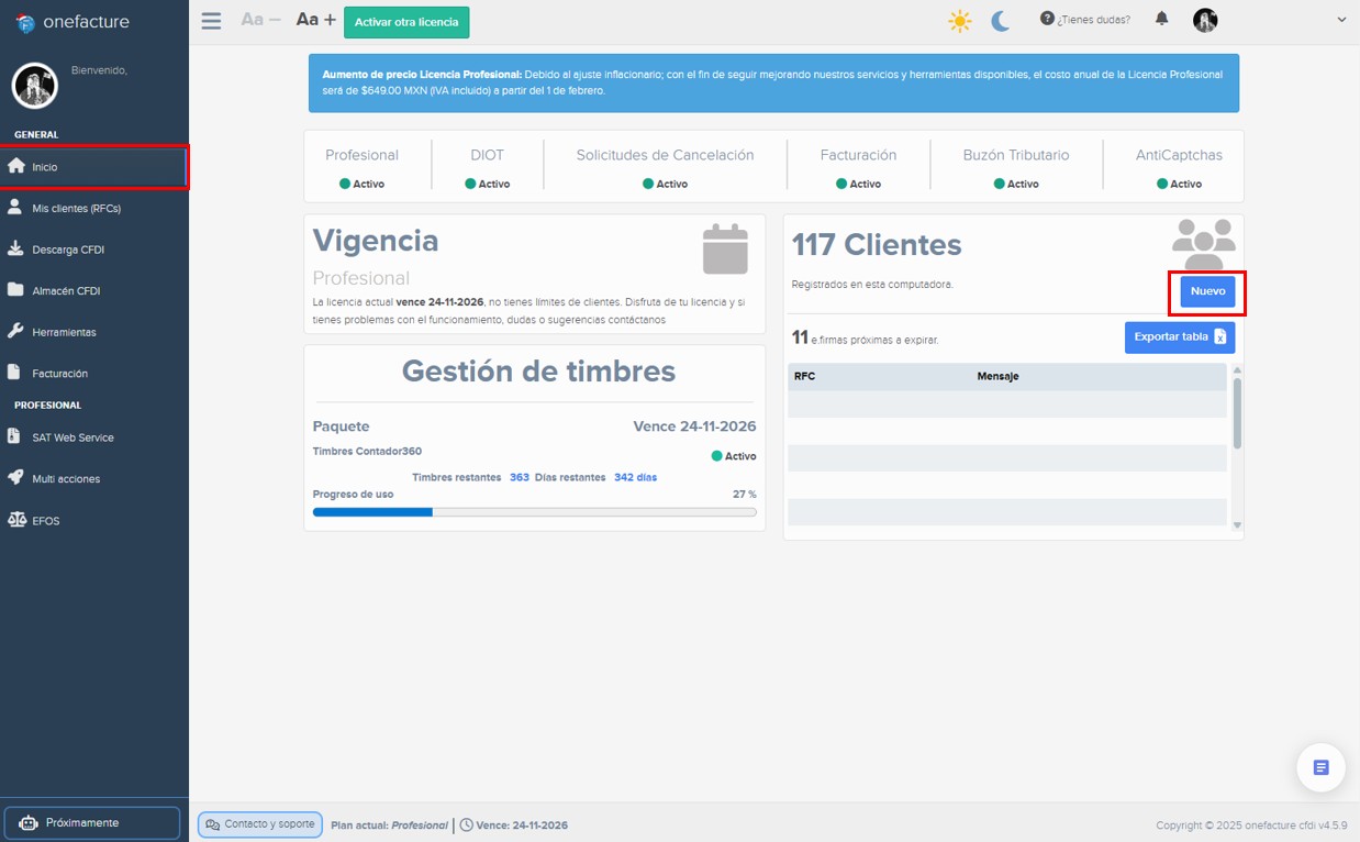 Captura módulo descarga xml - selección de cliente