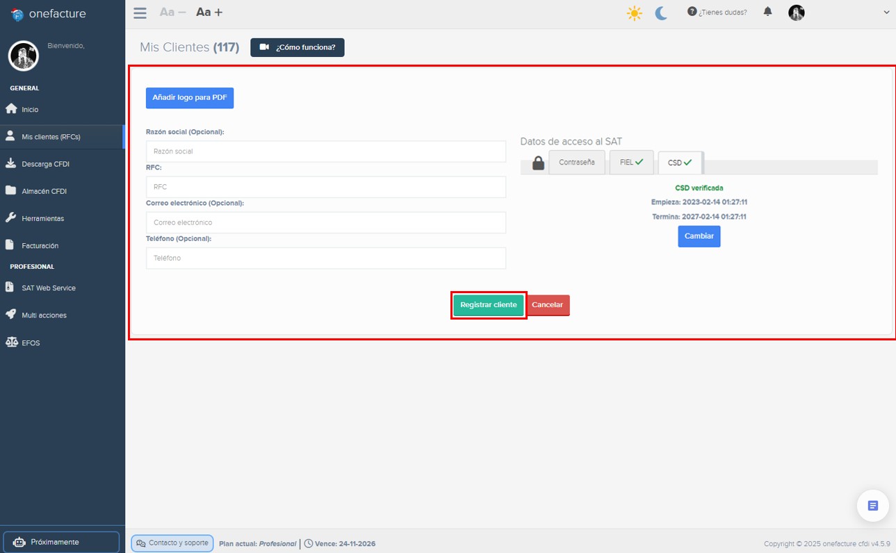 Captura módulo descarga xml - selección de cliente