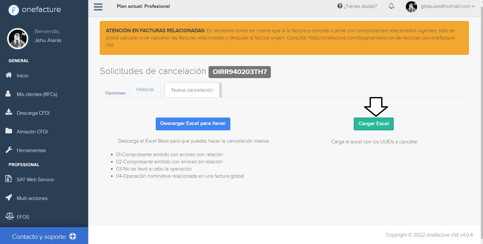 Captura botón cargar excel de cancelación - módulo cancelaciones