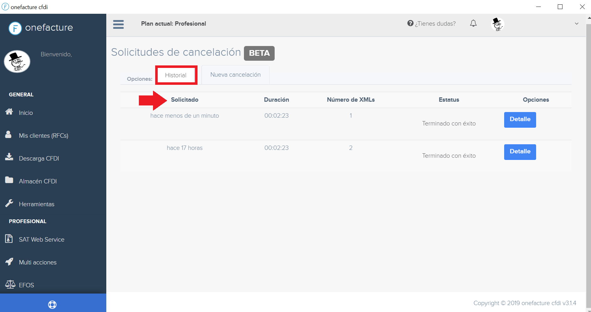 Captura historial - módulo cancelaciones