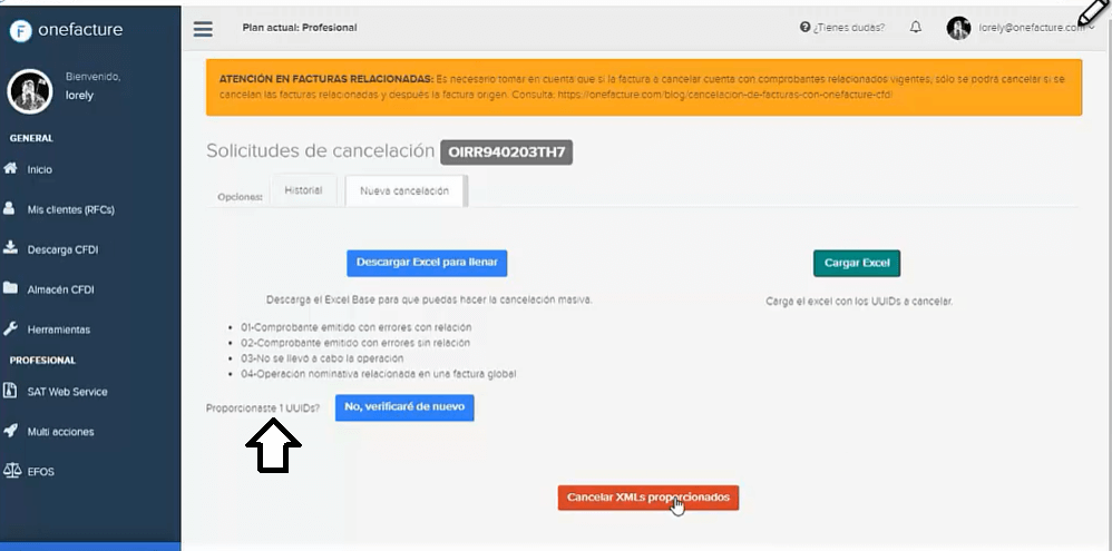 Captura confirmación UUIDs proporcionados - módulo cancelaciones