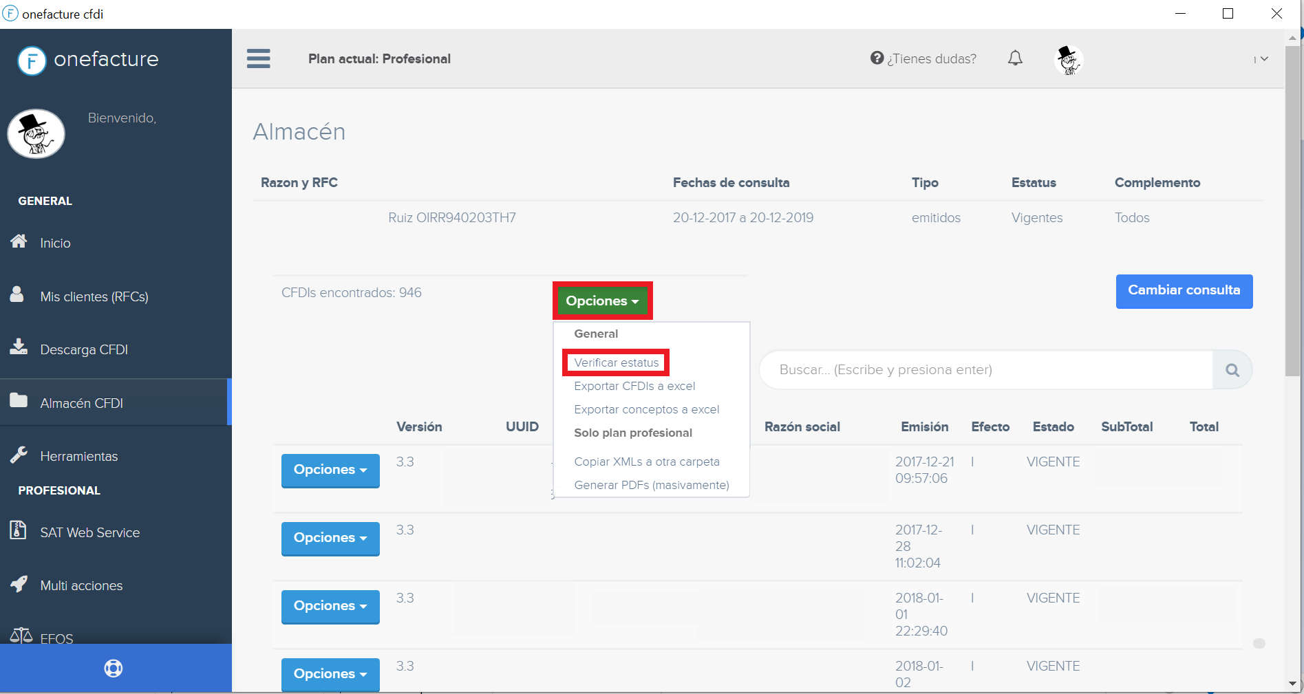 Validación de estatus en onefacture