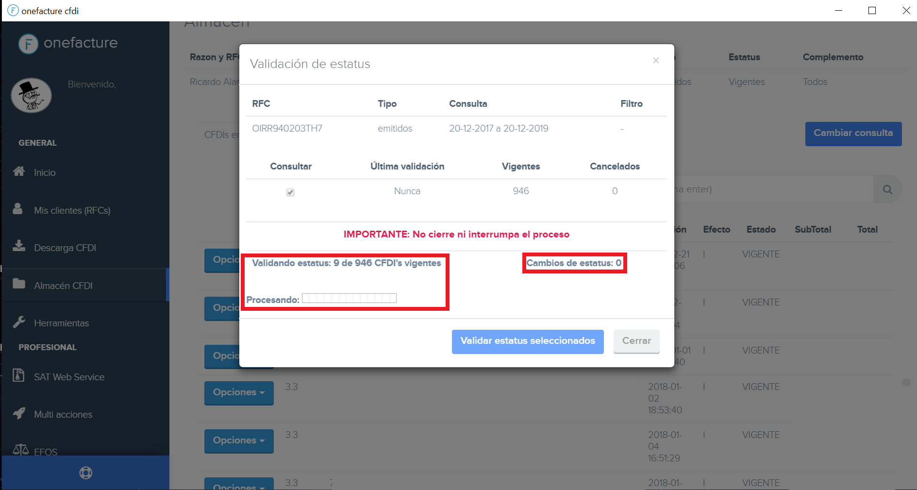 Proceso de validación y el números de comprobantes que cambiaron su estatus