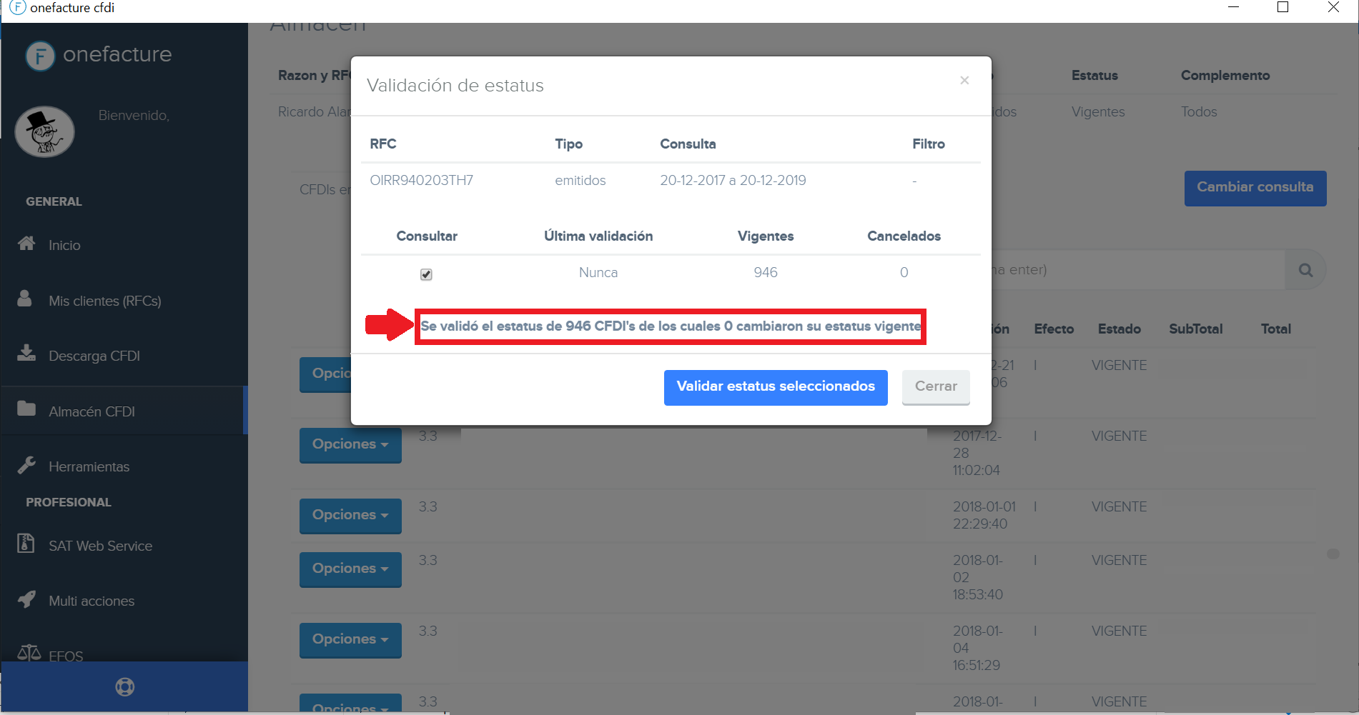 Mensaje de término del proceso de validación de estatus por fecha